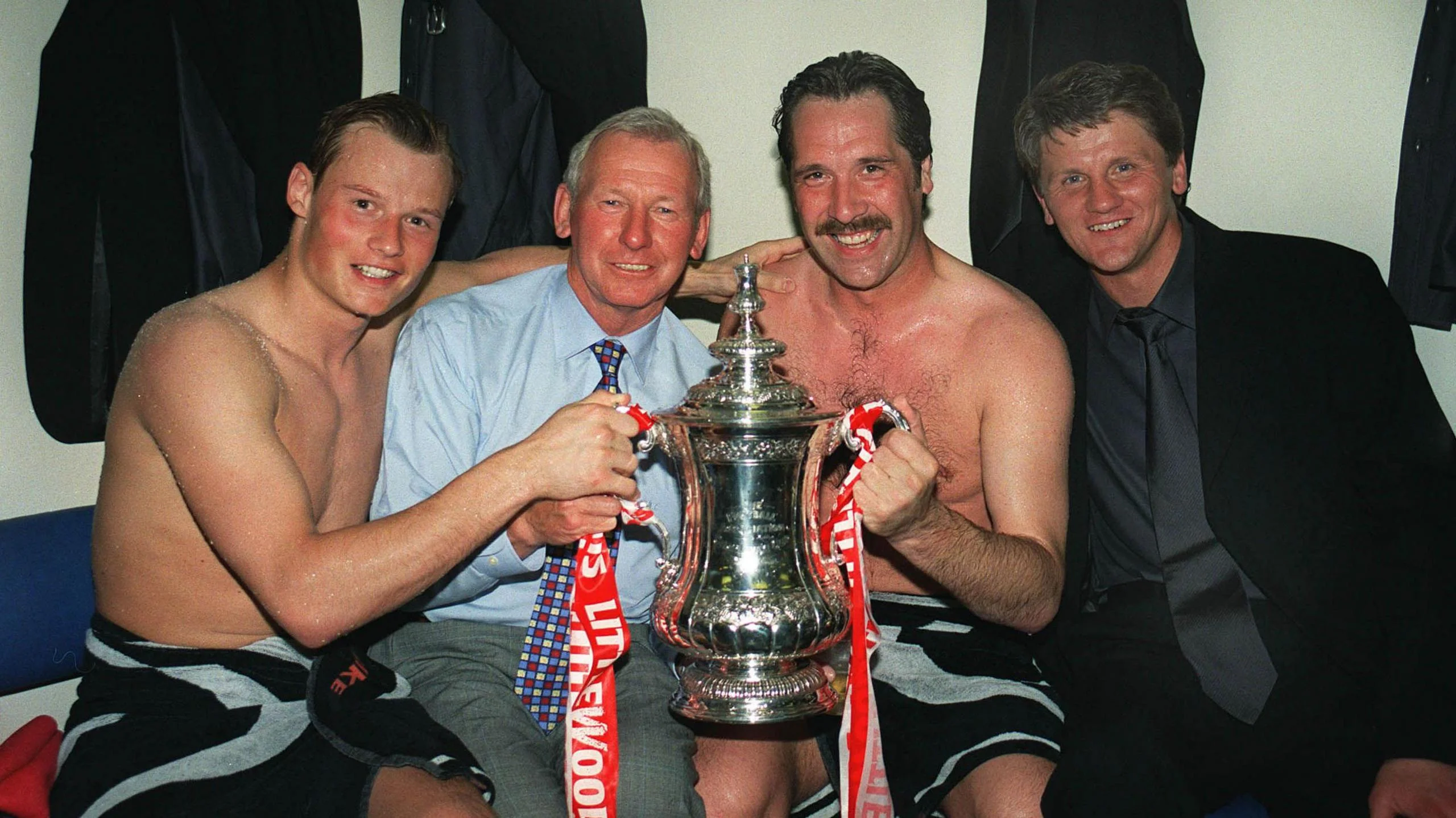 Manninger (far left) gets his hands on the FA Cup at Wembley in 1998  along with (l-r) Gunners goakeeper coach Bob Wilson, David Seaman and John Lukic