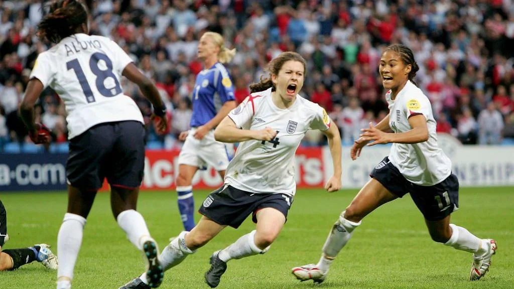 Karen Carney celebrates scoring the winner v Finland in stoppage time in 2005