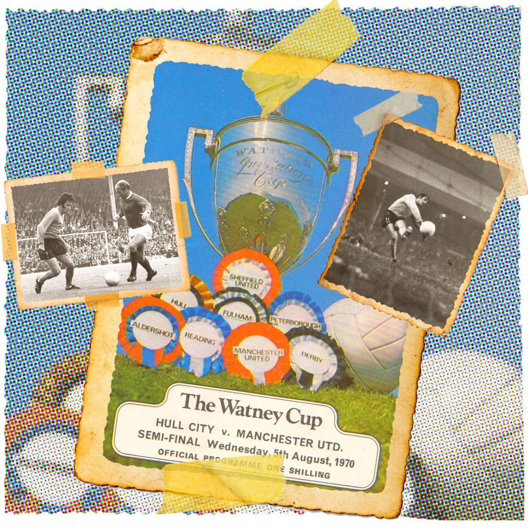 Collage of pictures from the Watney Cup 1970 - the matchday programme and action shots from the game