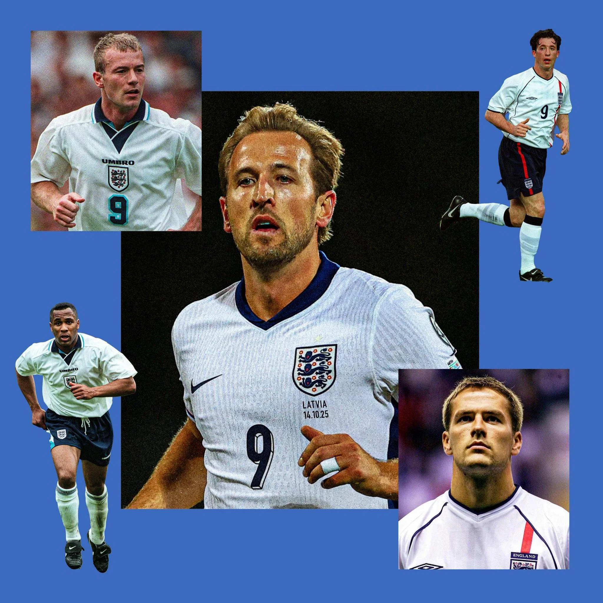 England's current number nine - Harry Kane (centre) and past Three Lions strikers (clockwise from top left) Alan Shearer, Robbie Fowler, Michael Owen and Les Ferdinand